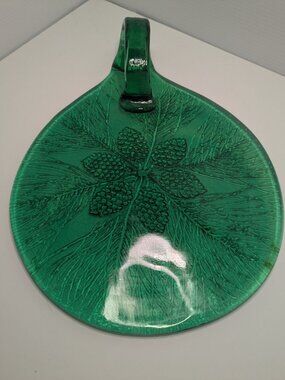 Chet Cole Emerald Green Glass Serving Platter Pinecones Handle 13” x 9.5”